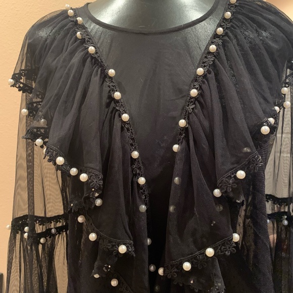 JASPAL Sheer Lace black blouse with pearl details - Picture 2 of 7